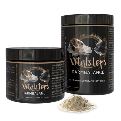 Vitalsteps DarmBalance in zwei Dosengrößen mit Pulver – Ergänzungsfuttermittel für Hunde und Katzen mit Darmflorastabilisatoren.