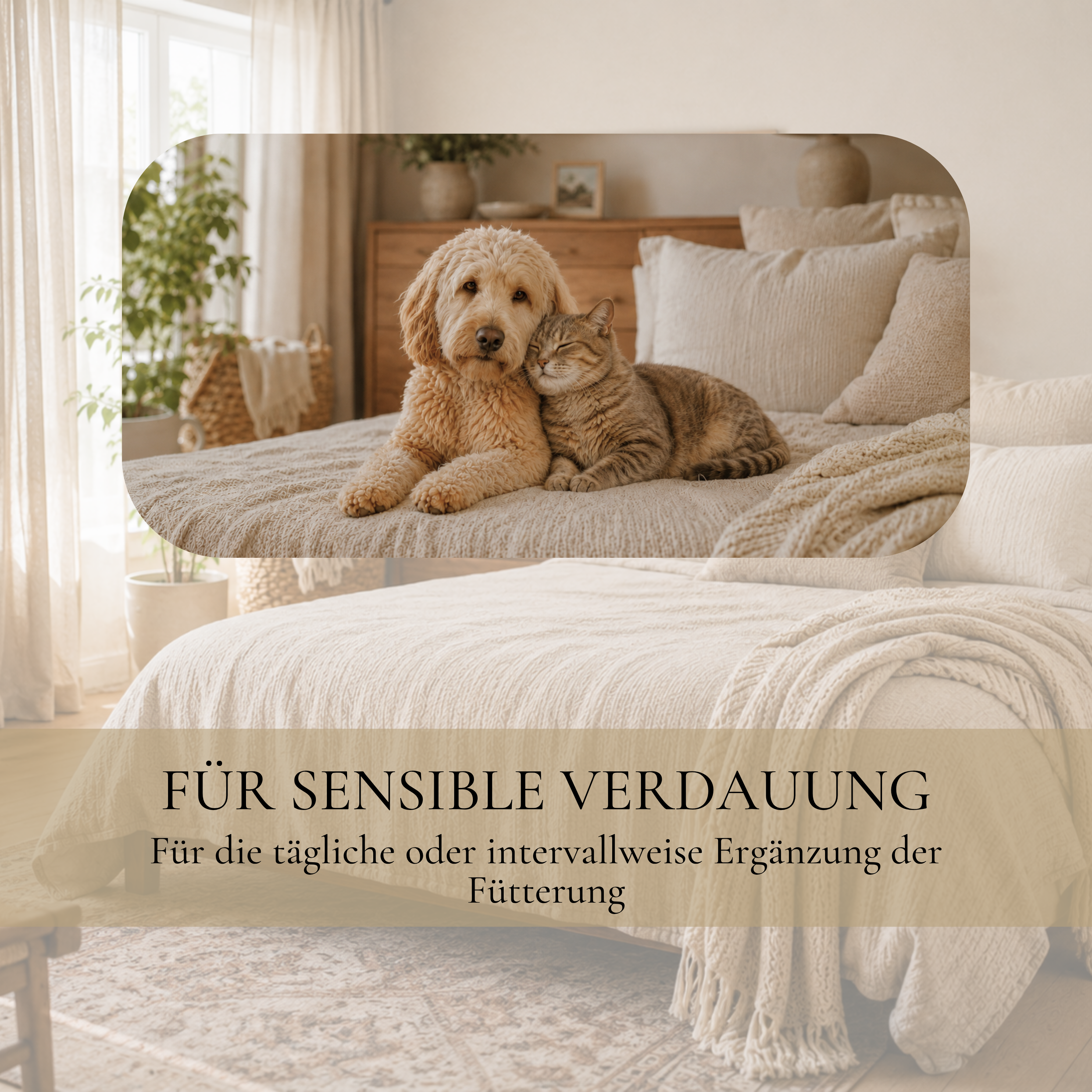 Hund und Katze liegen gemeinsam auf einem Bett – Vitalsteps DarmBalance zur täglichen oder intervallweisen Ergänzung der Fütterung bei sensibler Verdauung.