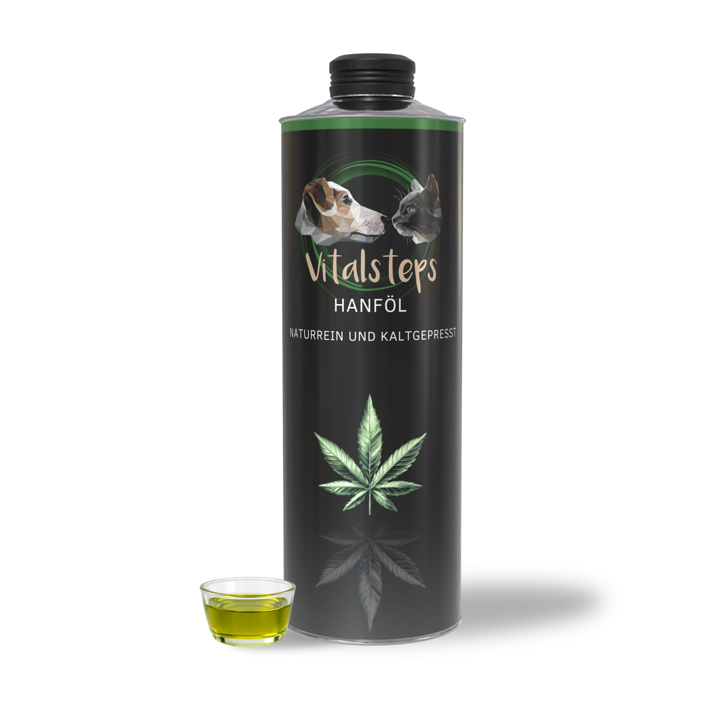 Vitalsteps Hanföl für Hunde und Katzen als kaltgepresstes Futteröl mit Produktflasche und Ölansicht