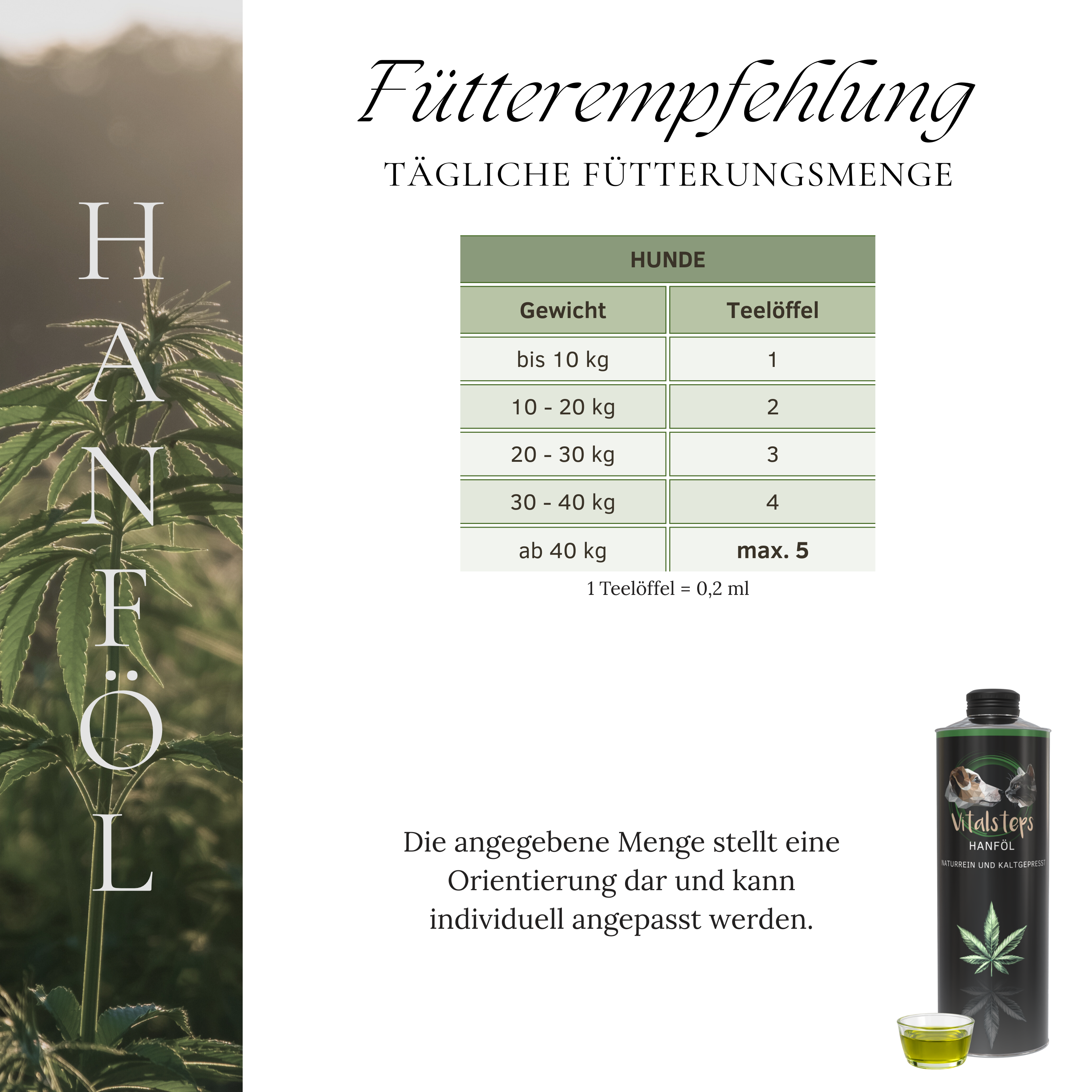 Vitalsteps Hanföl Fütterungsempfehlung für Hunde mit Dosiertabelle nach Gewicht und Produktflasche