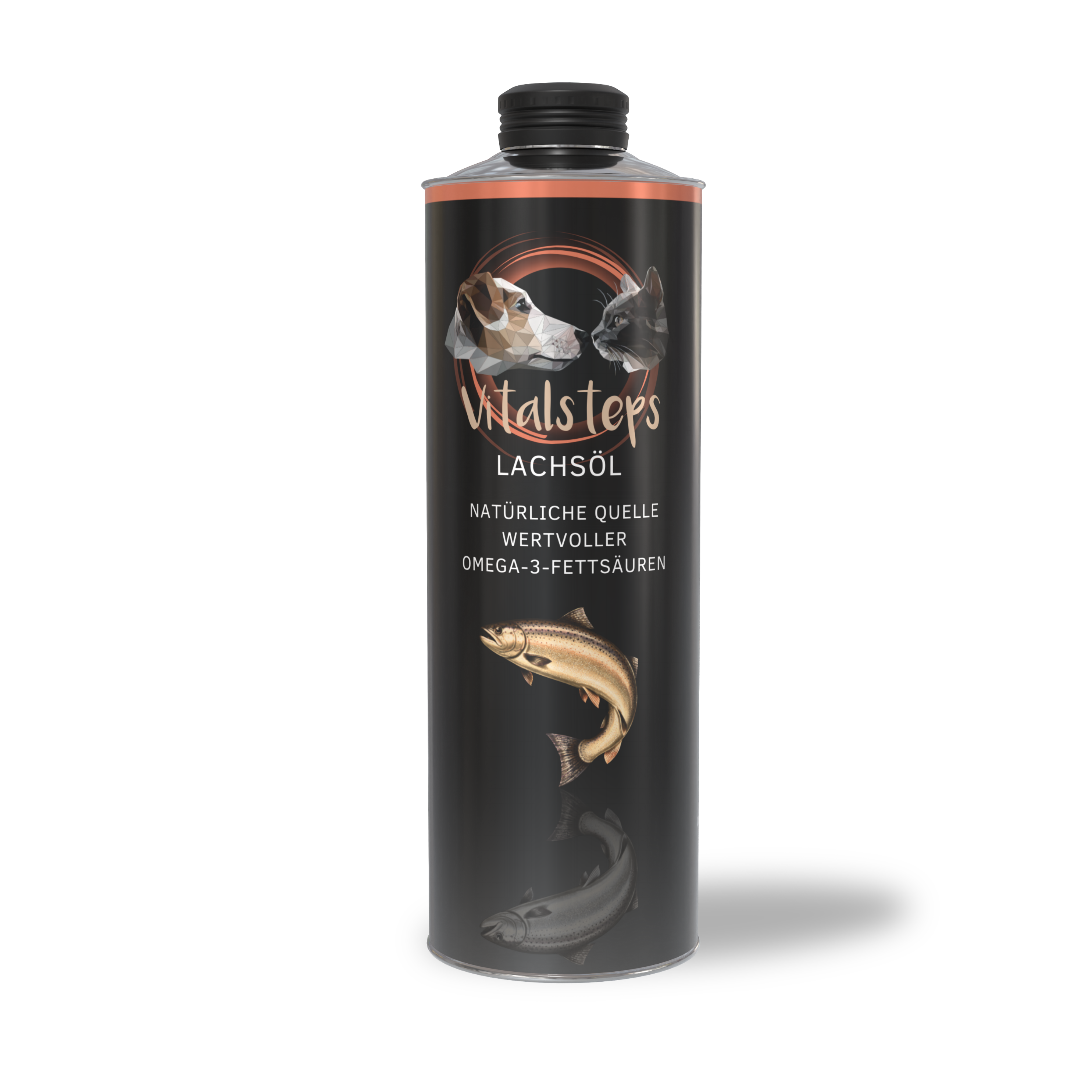 Vitalsteps Lachsöl Produktflasche auf weißem Hintergrund als Omega-3-Futteröl für Hunde und Katzen