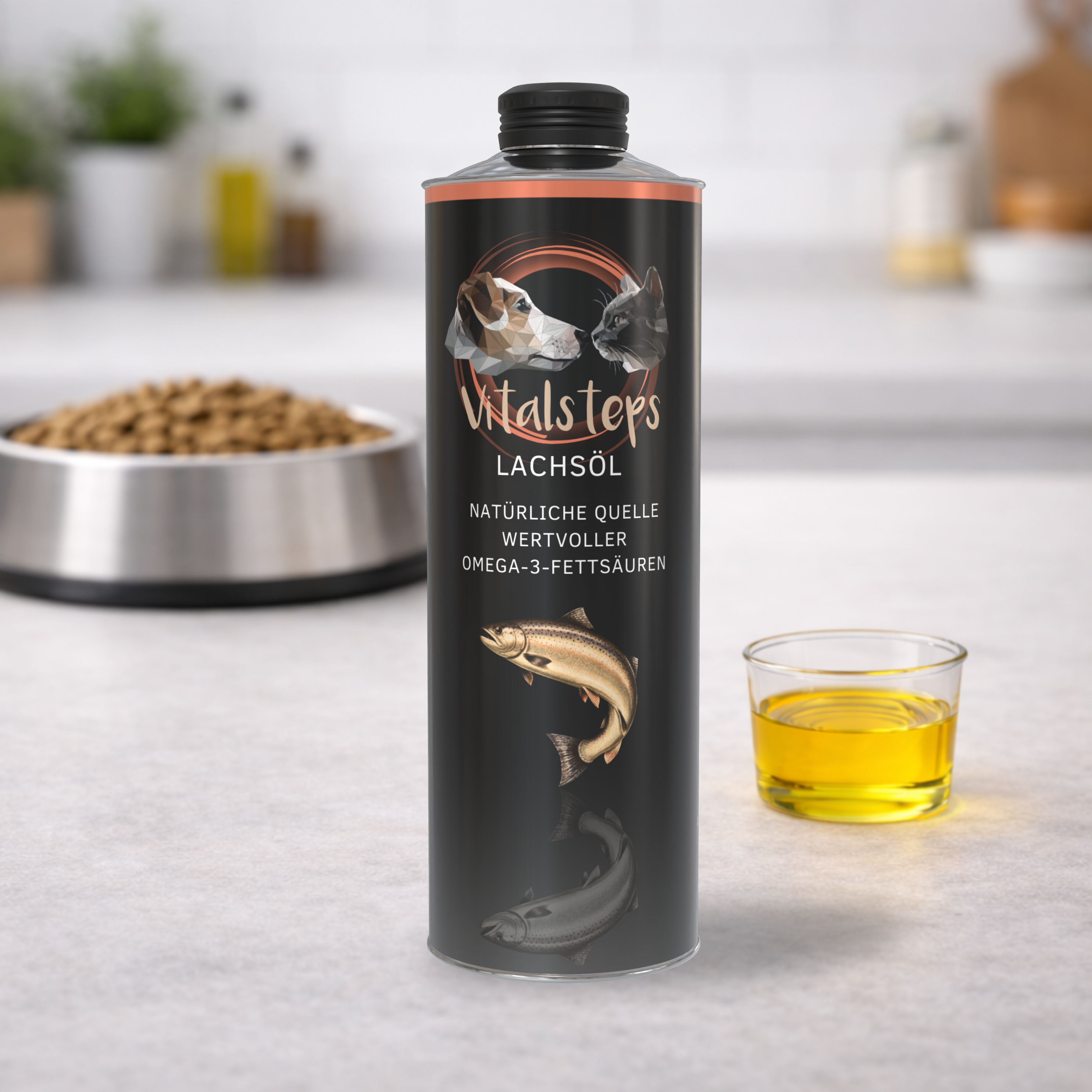 Vitalsteps Lachsöl für Hunde und Katzen neben Futternapf und Ölglas in heller Küchenumgebung