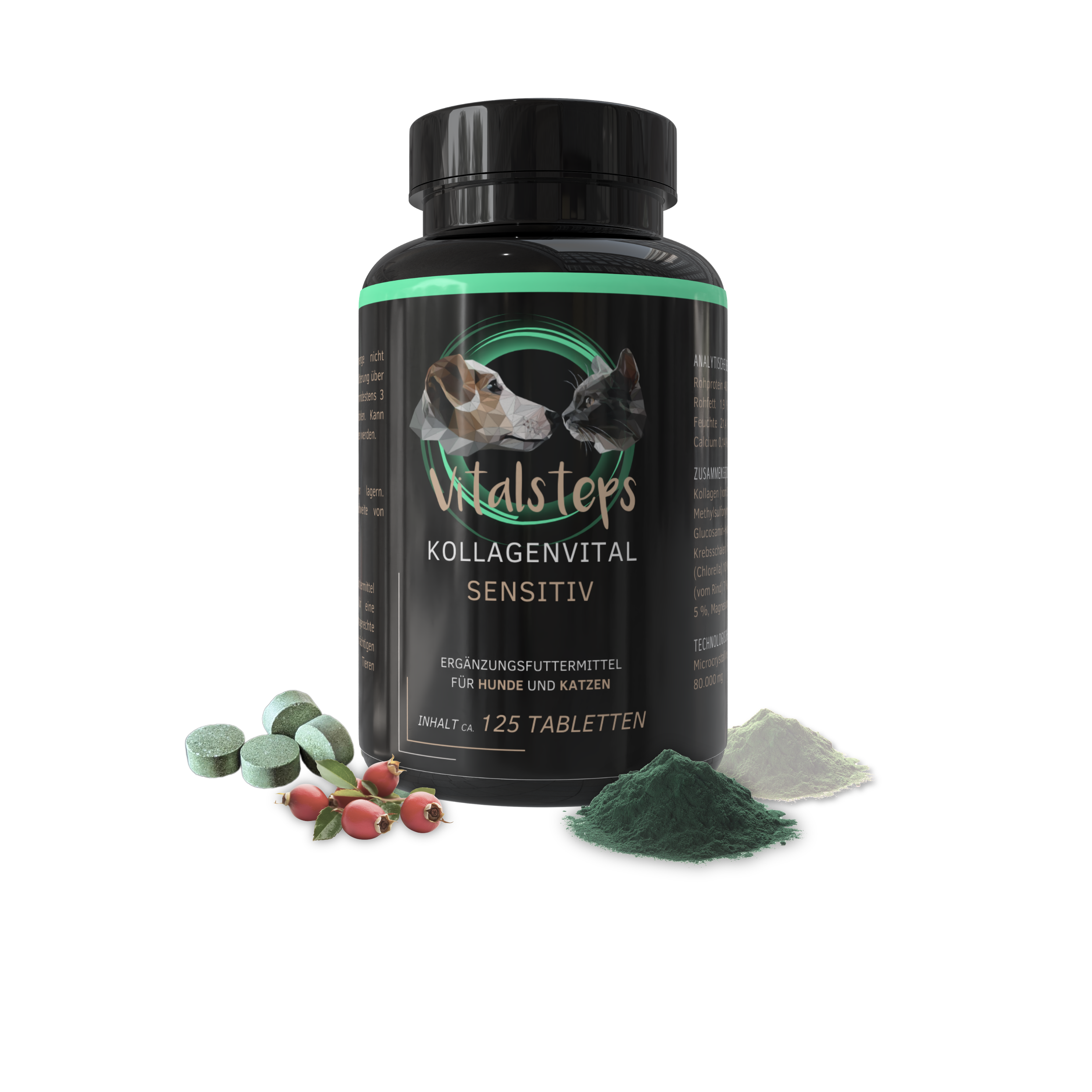 Vitalsteps KollagenVital Sensitiv Dose für Hunde und Katzen mit Tabletten, Hagebutten und Pulveransicht