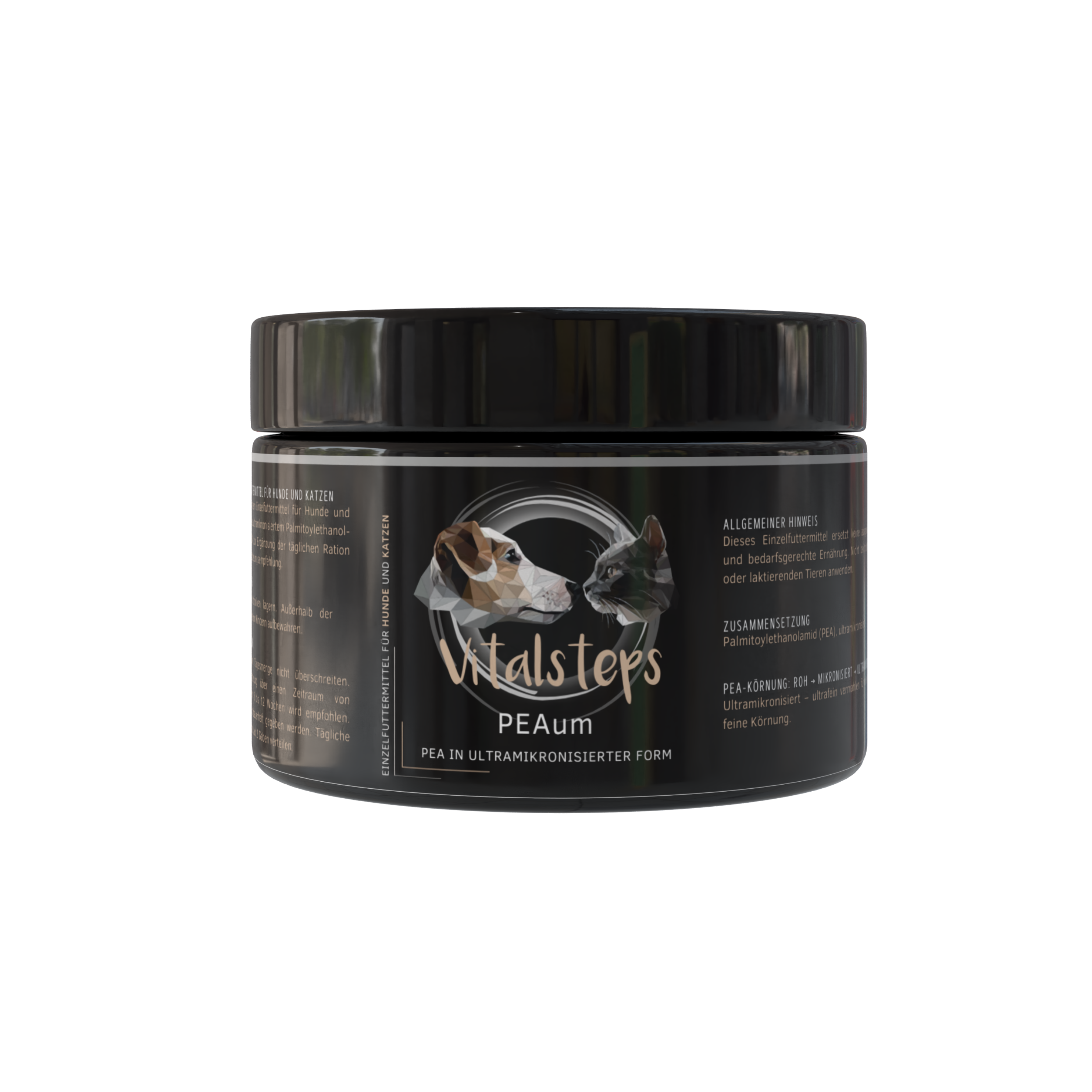 Vitalsteps PEAum Dose auf weißem Hintergrund als ultramikronisiertes PEA-Pulver für Hunde und Katzen