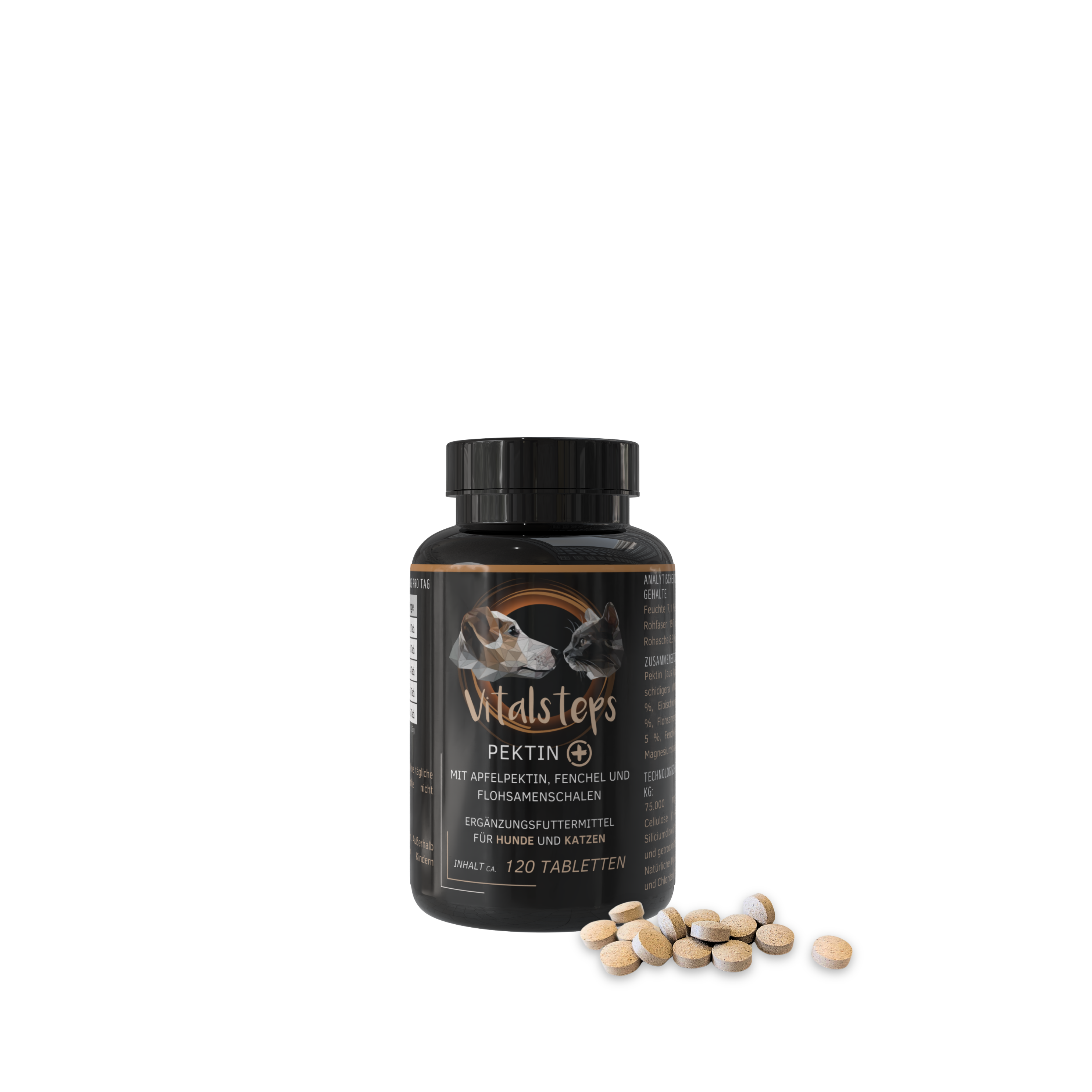 Vitalsteps Pektin+ 120 Tabletten für Hunde und Katzen auf weißem Hintergrund