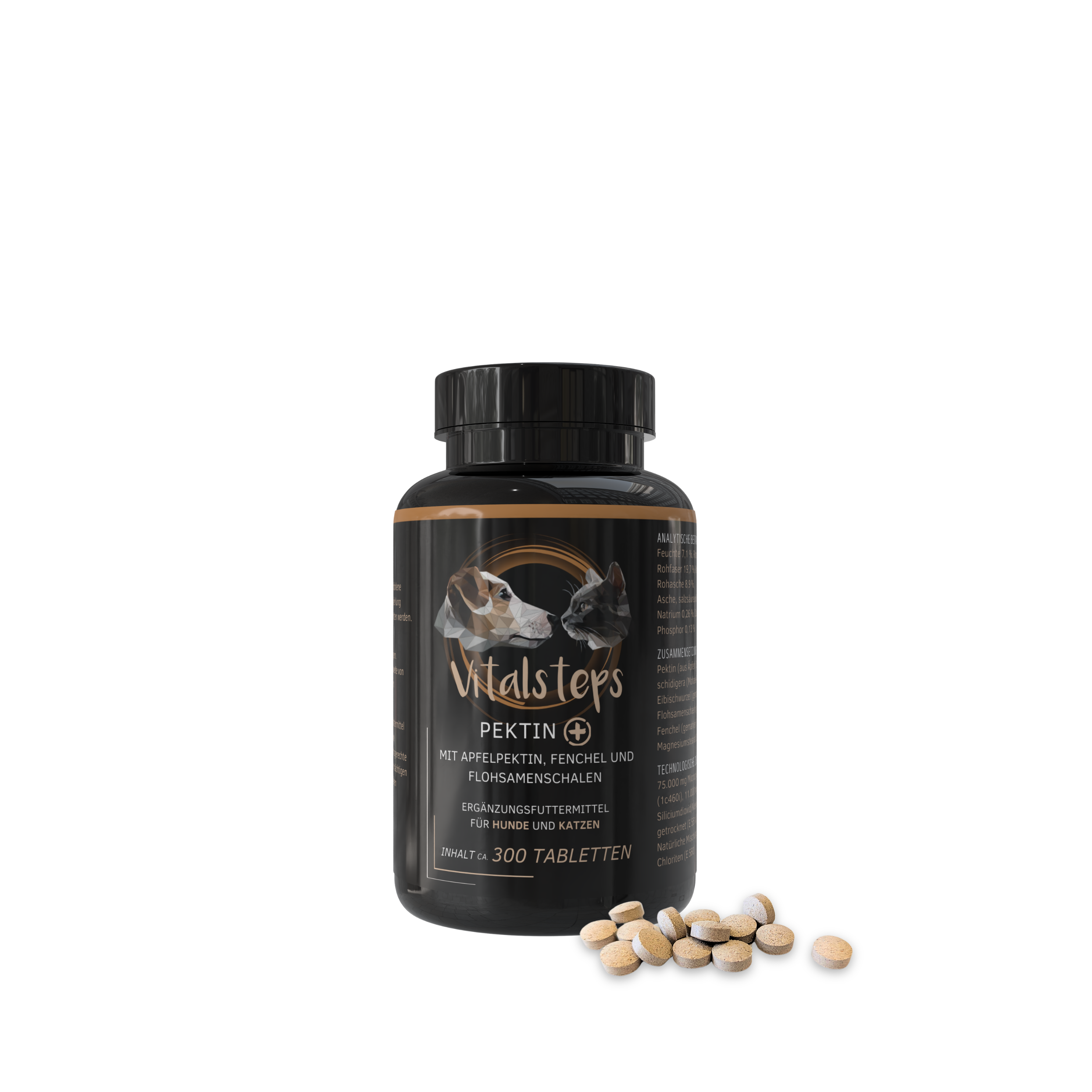 Vitalsteps Pektin+ 300 Tabletten für Hunde und Katzen auf weißem Hintergrund