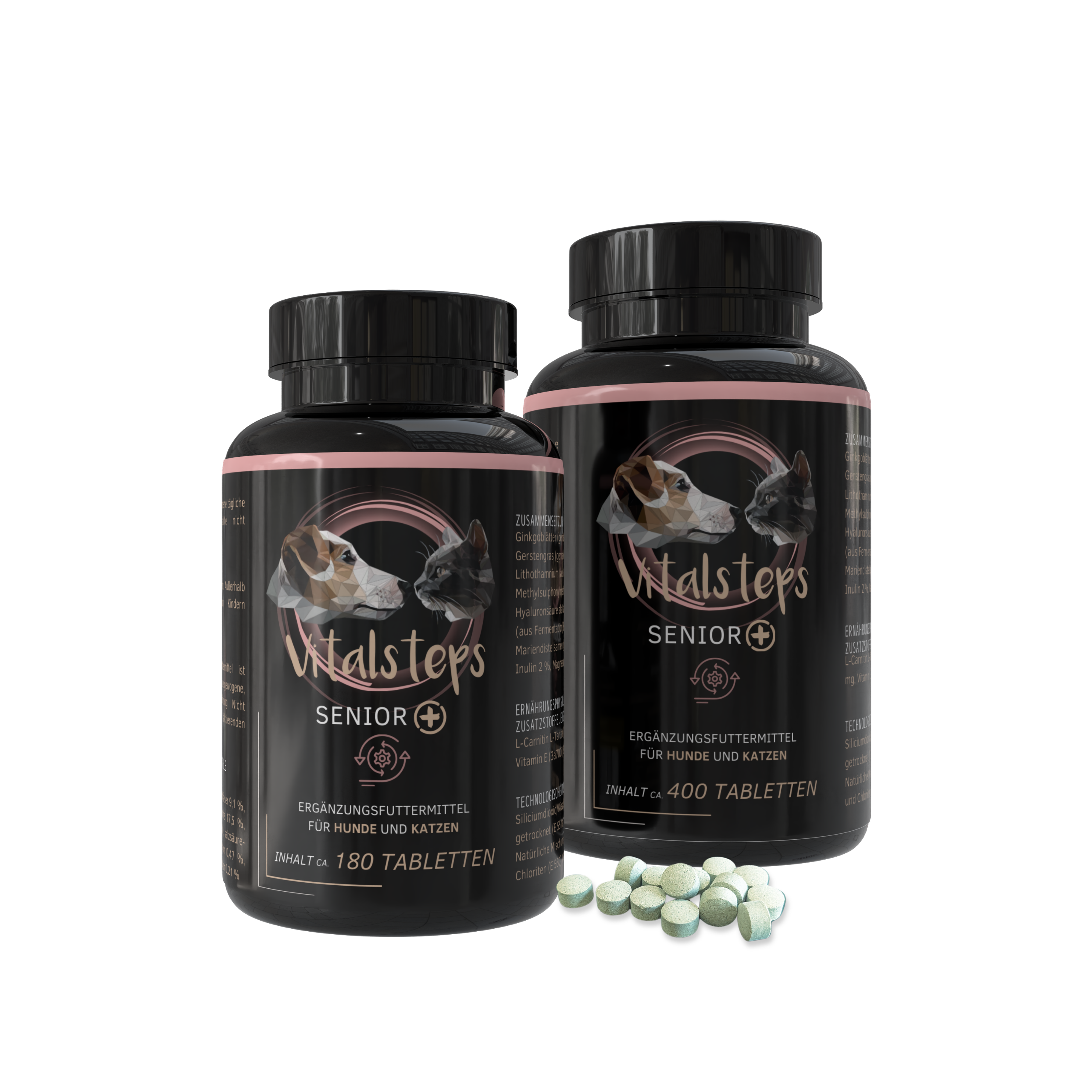 Vitalsteps Senior+ in zwei Dosengrößen mit 180 und 400 Tabletten auf weißem Hintergrund