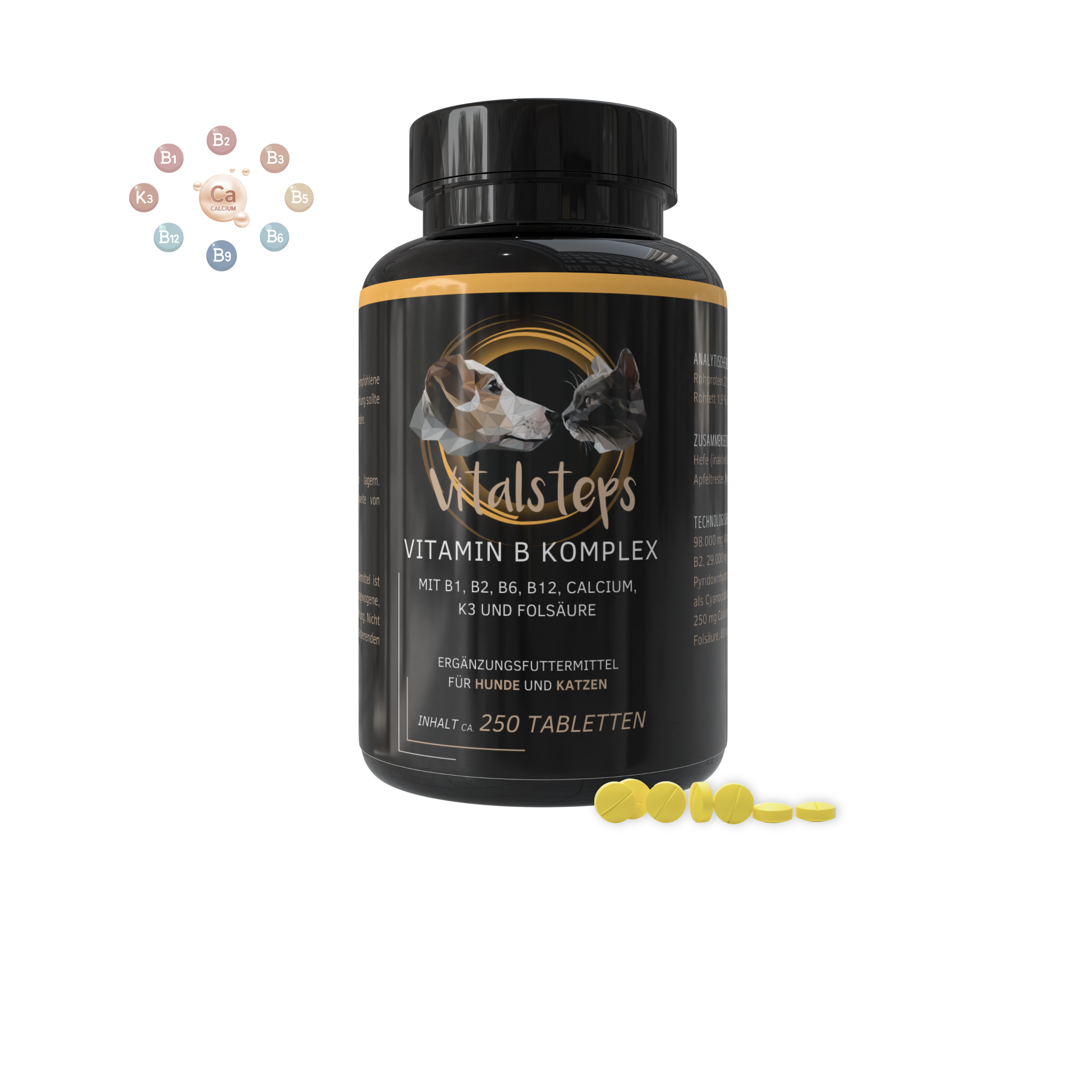 Vitalsteps Vitamin B Komplex für Hunde und Katzen mit gelben Tabletten und Vitamin-Symbolen