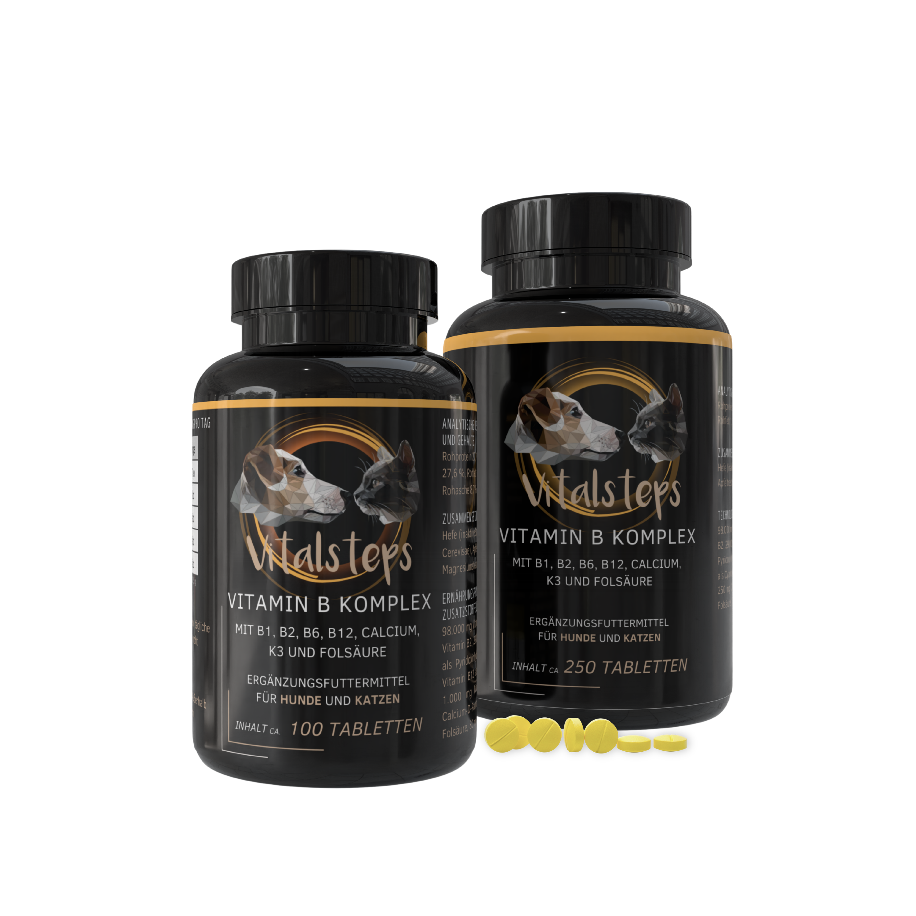 Vitalsteps Vitamin B Komplex in zwei Gebindegrößen mit gelben Tabletten auf weißem Hintergrund