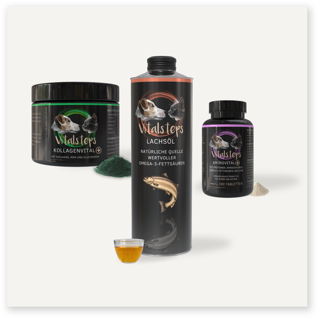 Vitalsteps Produktkombination für aktive Hunde und Katzen mit KollagenVital+ 225 Gramm, Lachsöl und AminoVital+ 145 Gramm als Ergänzungsfuttermittel
