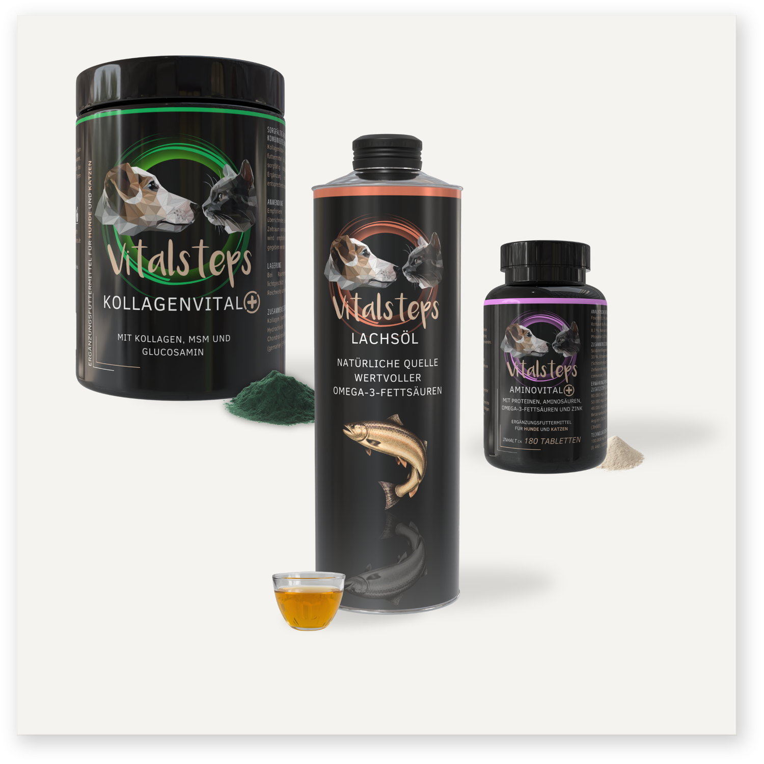 Vitalsteps Produktkombination für aktive Hunde und Katzen mit KollagenVital+ 500 Gramm, Lachsöl und AminoVital+ 145 Gramm als Ergänzungsfuttermittel
