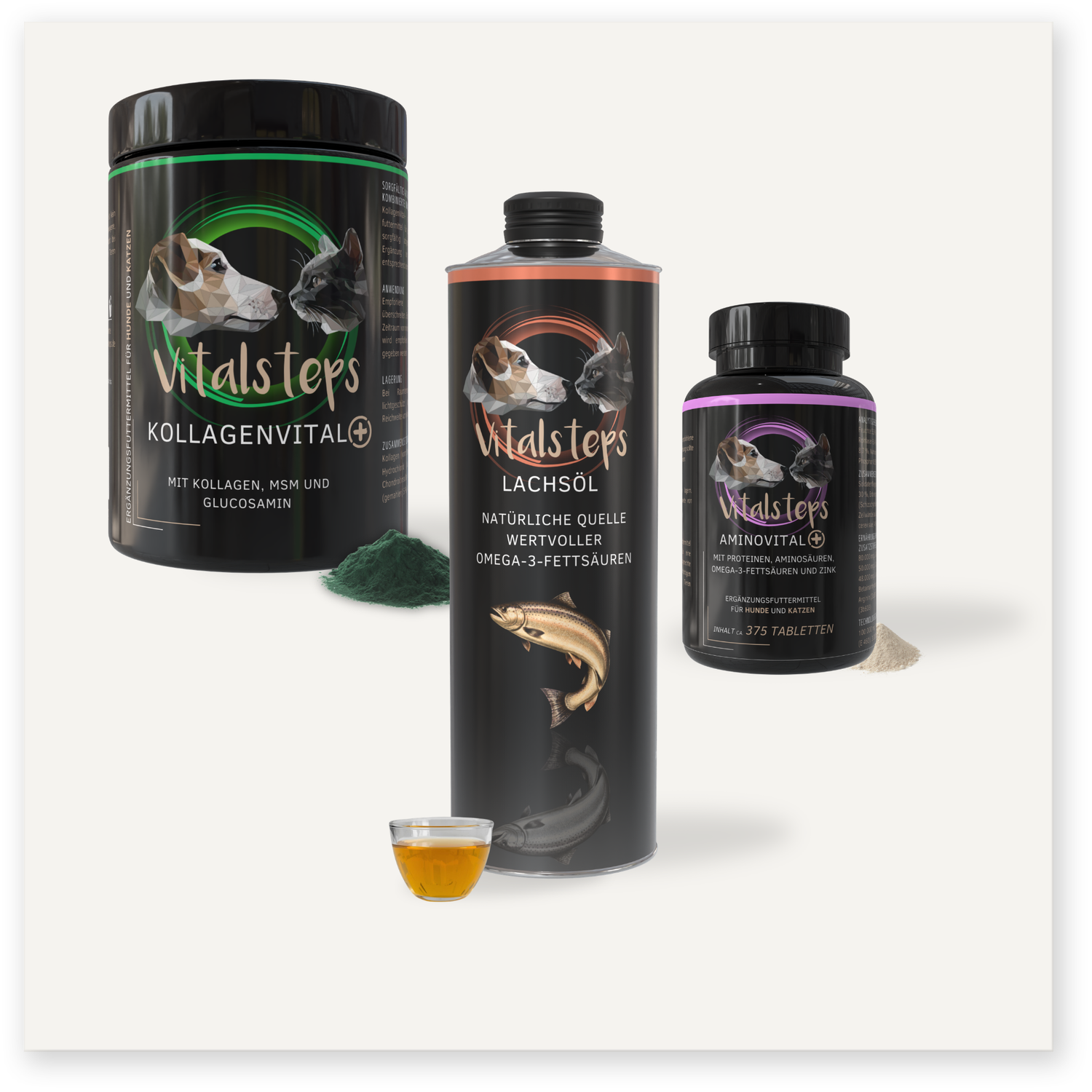 Vitalsteps Produktkombination für aktive Hunde und Katzen mit KollagenVital+ 500 Gramm, Lachsöl und AminoVital+ 300 Gramm als Ergänzungsfuttermittel