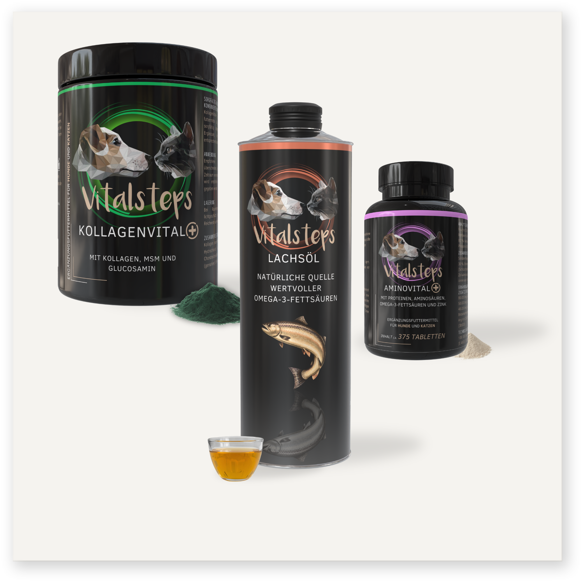 Vitalsteps Produktkombination für aktive Hunde und Katzen mit KollagenVital+ 500 Gramm, Lachsöl und AminoVital+ 300 Gramm als Ergänzungsfuttermittel
