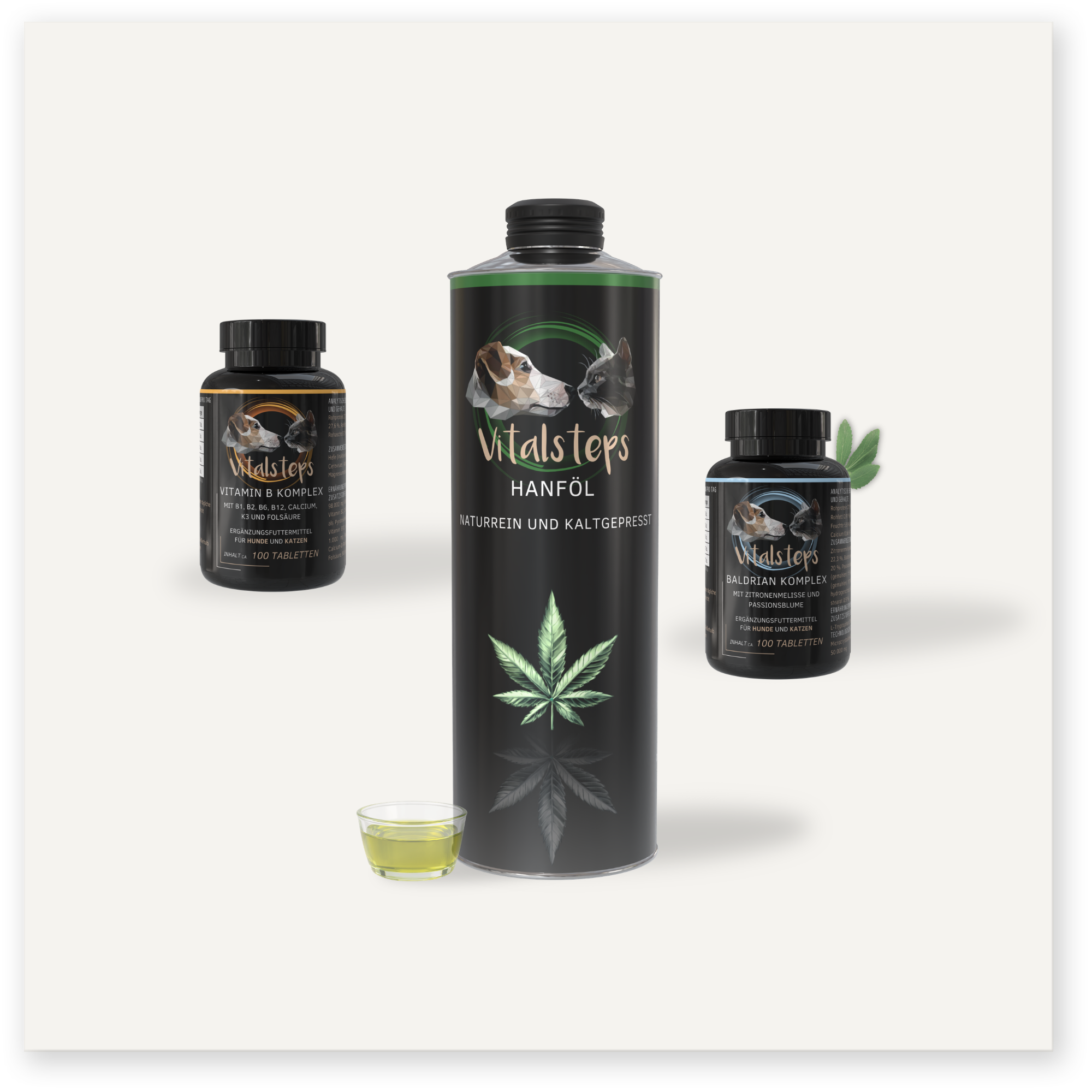 Vitalsteps Produktkombination Ausgleich für Hunde und Katzen mit Vitamin B Komplex, Hanföl und Baldrian Komplex als Ergänzungsfuttermittel