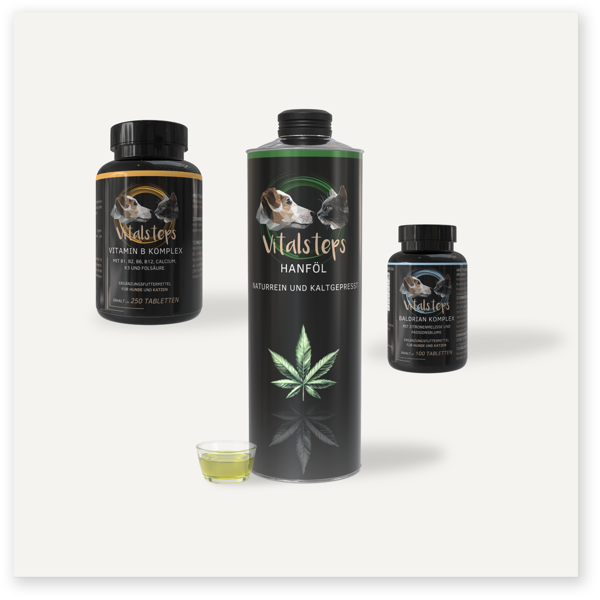 Vitalsteps Produktkombination Ausgleich für Hunde und Katzen mit Vitamin B Komplex, Hanföl und Baldrian Komplex als Ergänzungsfuttermittel