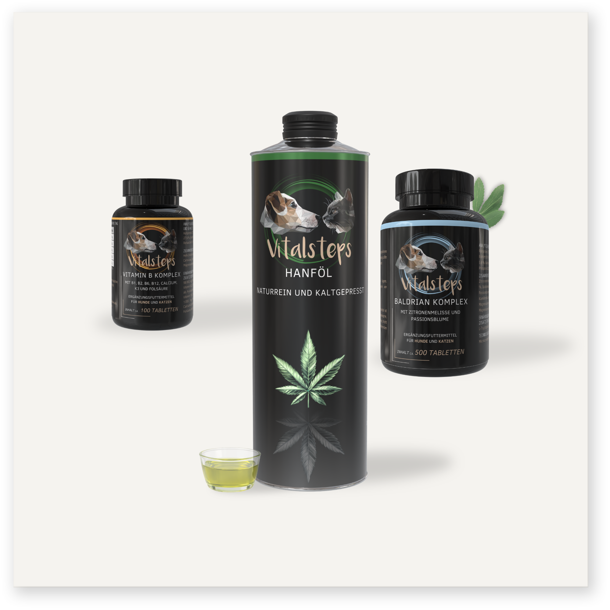 Vitalsteps Produktkombination Ausgleich für Hunde und Katzen mit Vitamin B Komplex, Hanföl und Baldrian Komplex als Ergänzungsfuttermittel