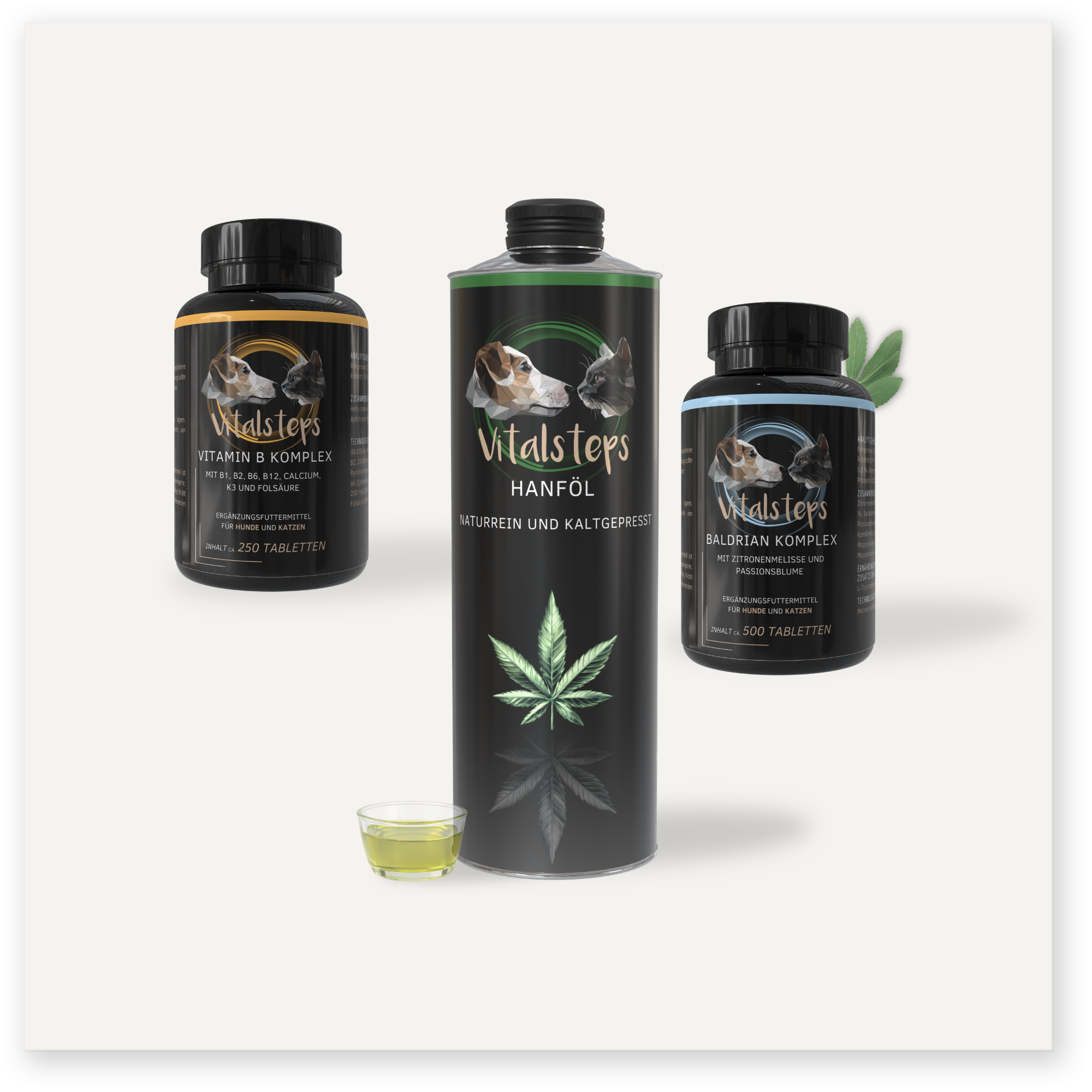 Vitalsteps Produktkombination Ausgleich für Hunde und Katzen mit Vitamin B Komplex, Hanföl und Baldrian Komplex als Ergänzungsfuttermittel
