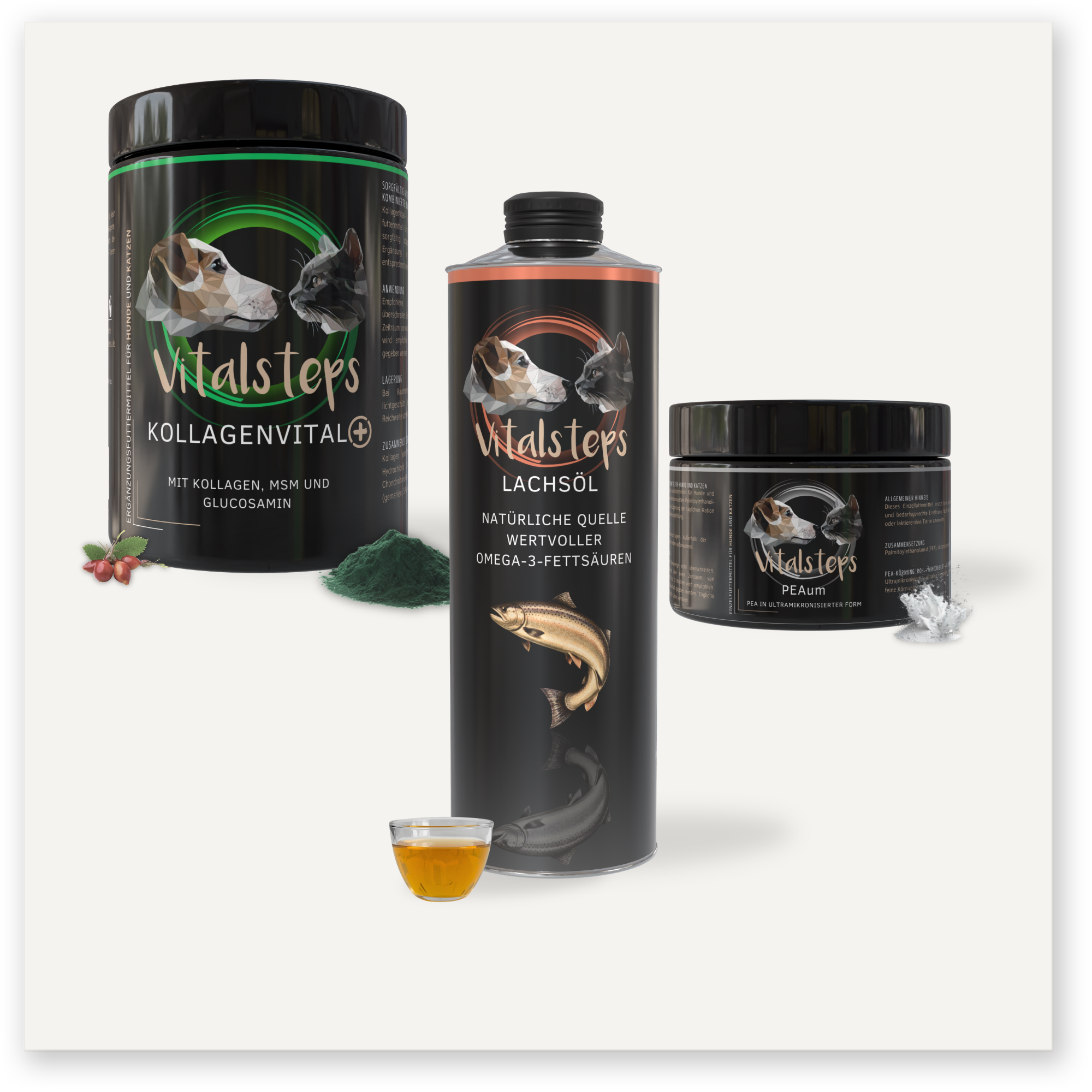 Vitalsteps Produktkombination Bewegung für Hunde und Katzen mit KollagenVital+ 500 Gramm, Lachsöl und PEAum als Ergänzungsfuttermittel