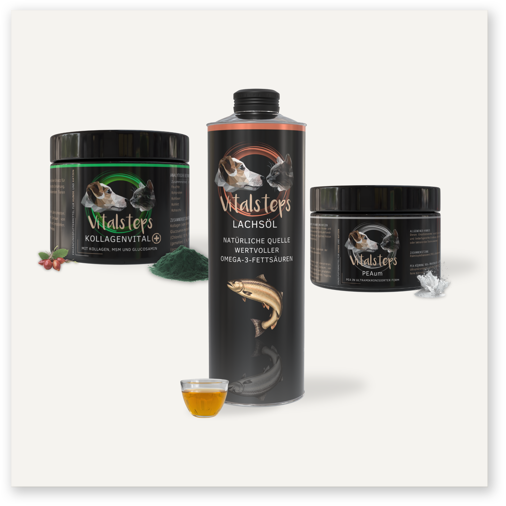 Vitalsteps Produktkombination Bewegung für Hunde und Katzen mit KollagenVital+ 225 Gramm, Lachsöl und PEAum als Ergänzungsfuttermittel