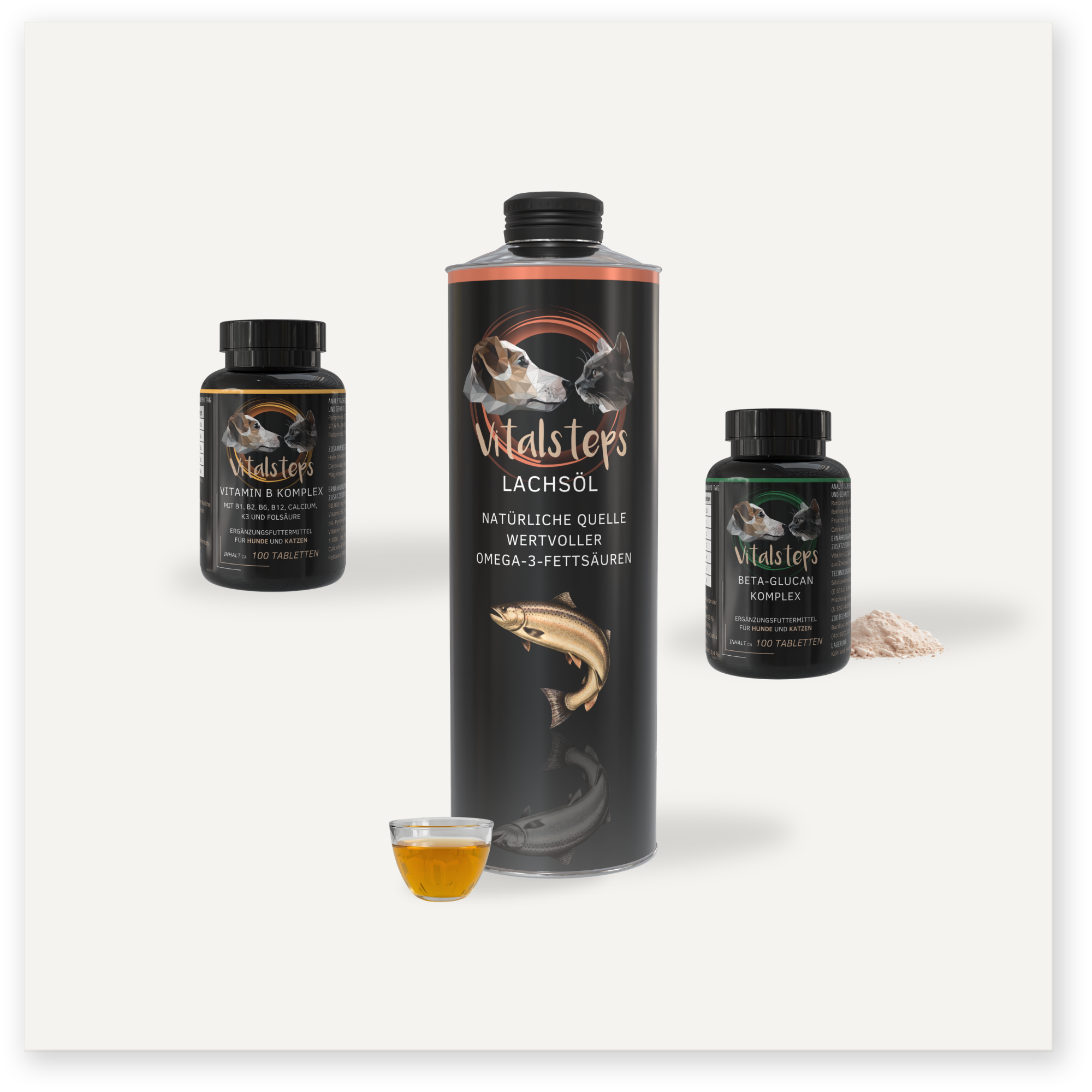 Vitalsteps Produktkombination Nährstoffe für Hunde und Katzen mit Vitamin B Komplex, Lachsöl und Beta-Glucan Komplex als Ergänzungsfuttermittel