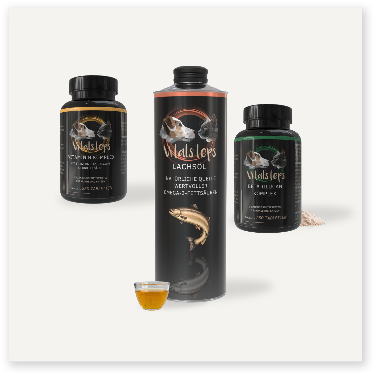 Vitalsteps Produktkombination Nährstoffe für Hunde und Katzen mit Vitamin B Komplex, Lachsöl und Beta-Glucan Komplex als Ergänzungsfuttermittel