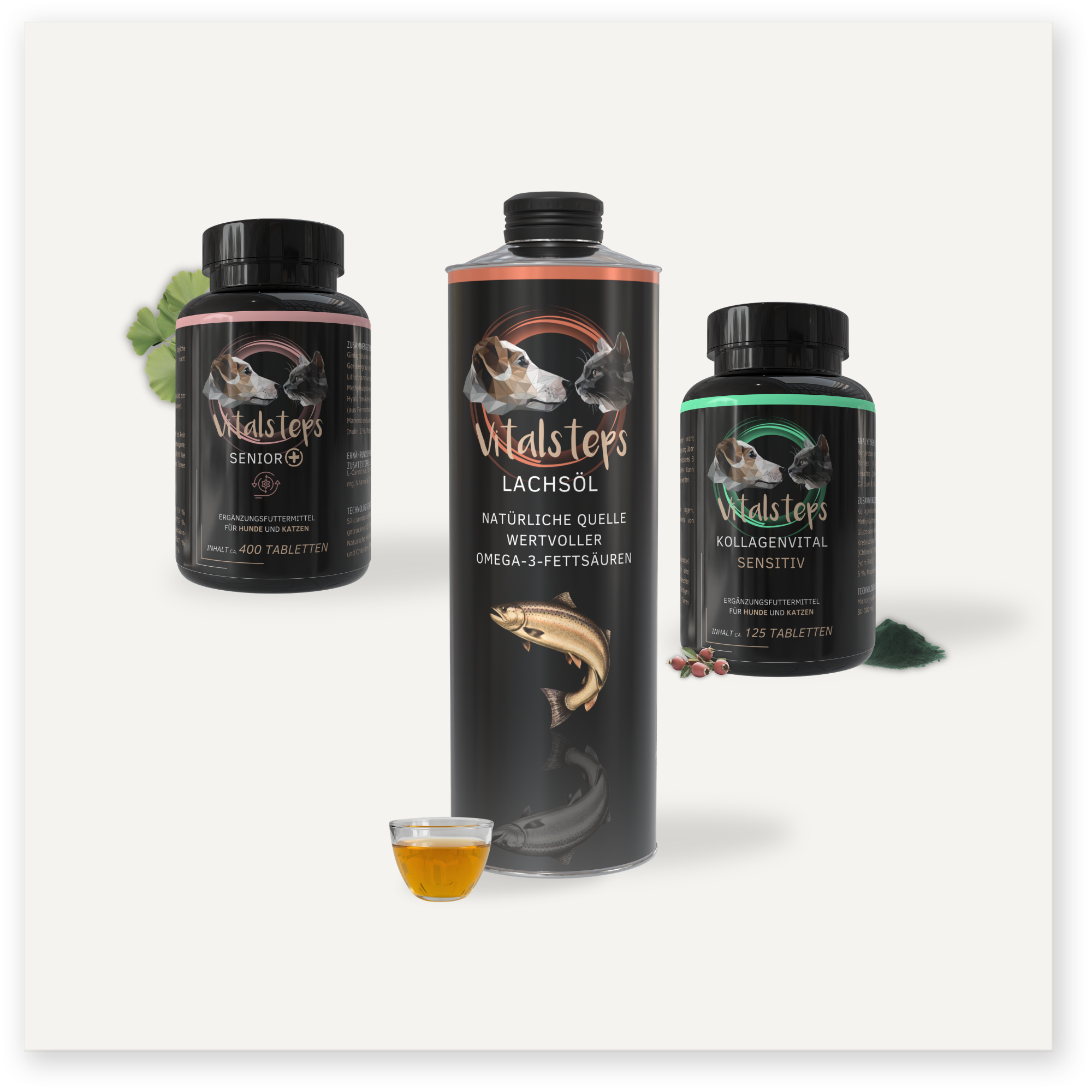 Vitalsteps Produktkombination Senioren für Hunde und Katzen mit Senior+ 330 Gramm, Lachsöl und KollagenVital Sensitiv  als Ergänzungsfuttermittel