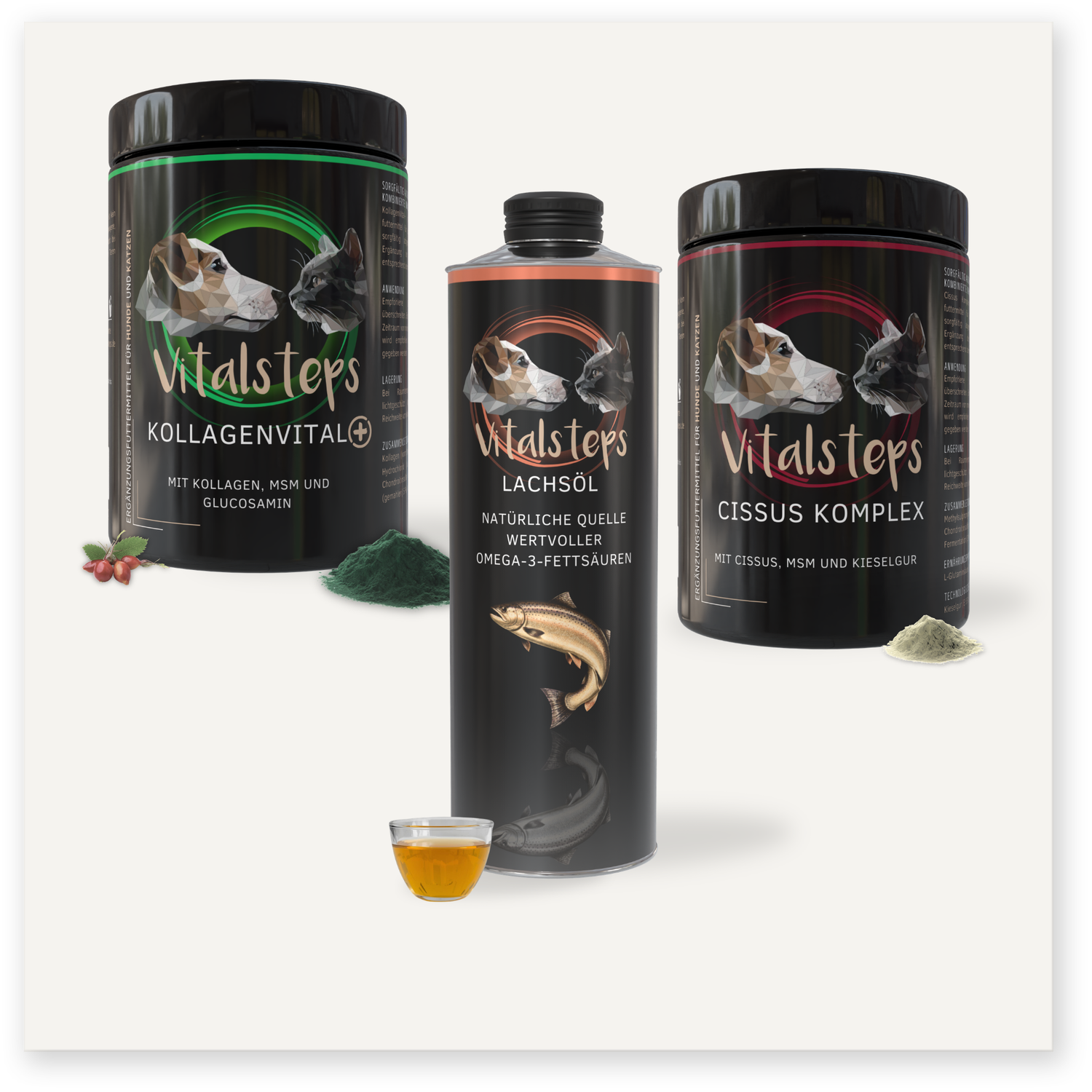 Vitalsteps Produktkombination Stabilität für Hunde und Katzen mit KollagenVital+ 500 Gramm, Lachsöl und Cissus Komplex 500 Gramm als Ergänzungsfuttermittel