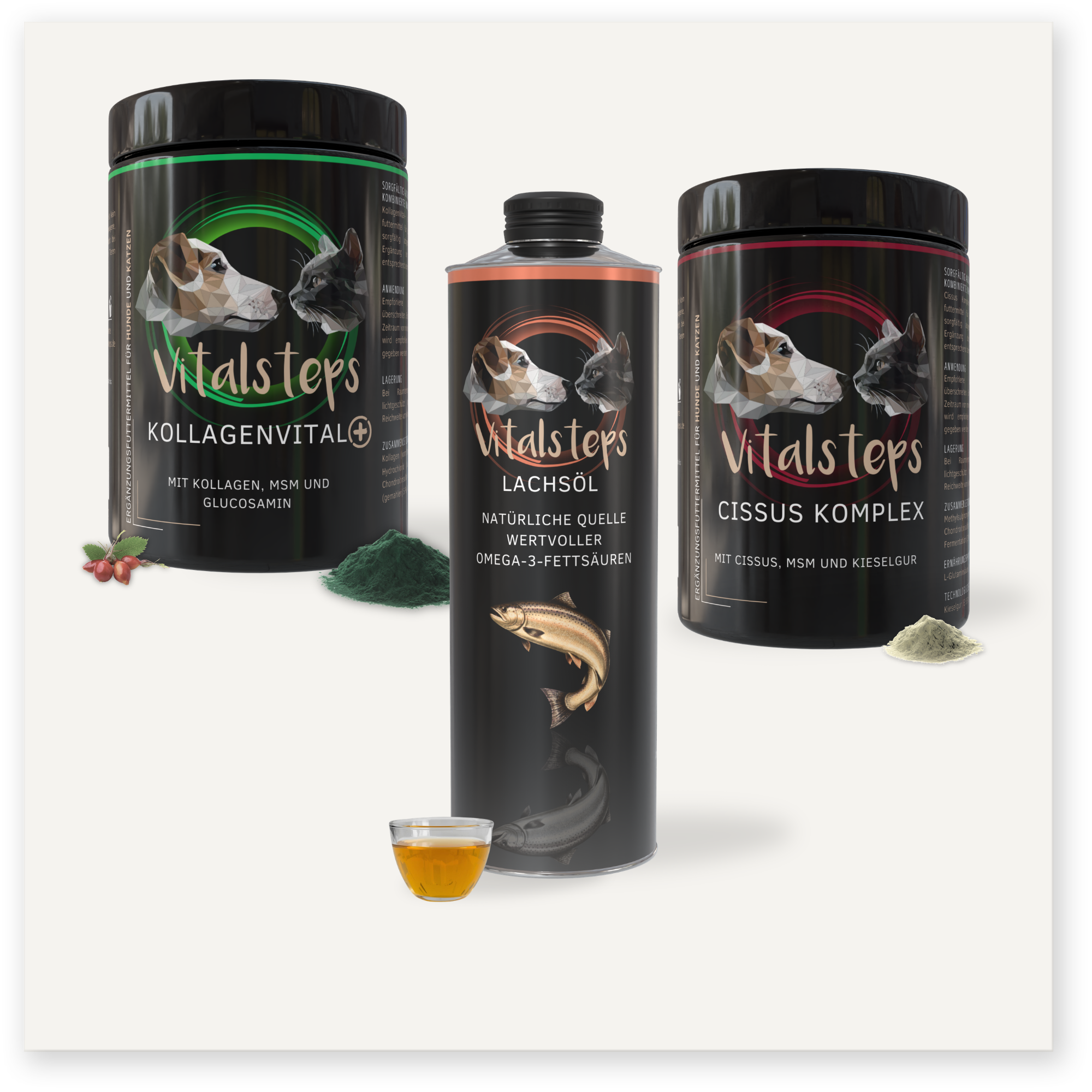 Vitalsteps Produktkombination Stabilität für Hunde und Katzen mit KollagenVital+ 500 Gramm, Lachsöl und Cissus Komplex 500 Gramm als Ergänzungsfuttermittel