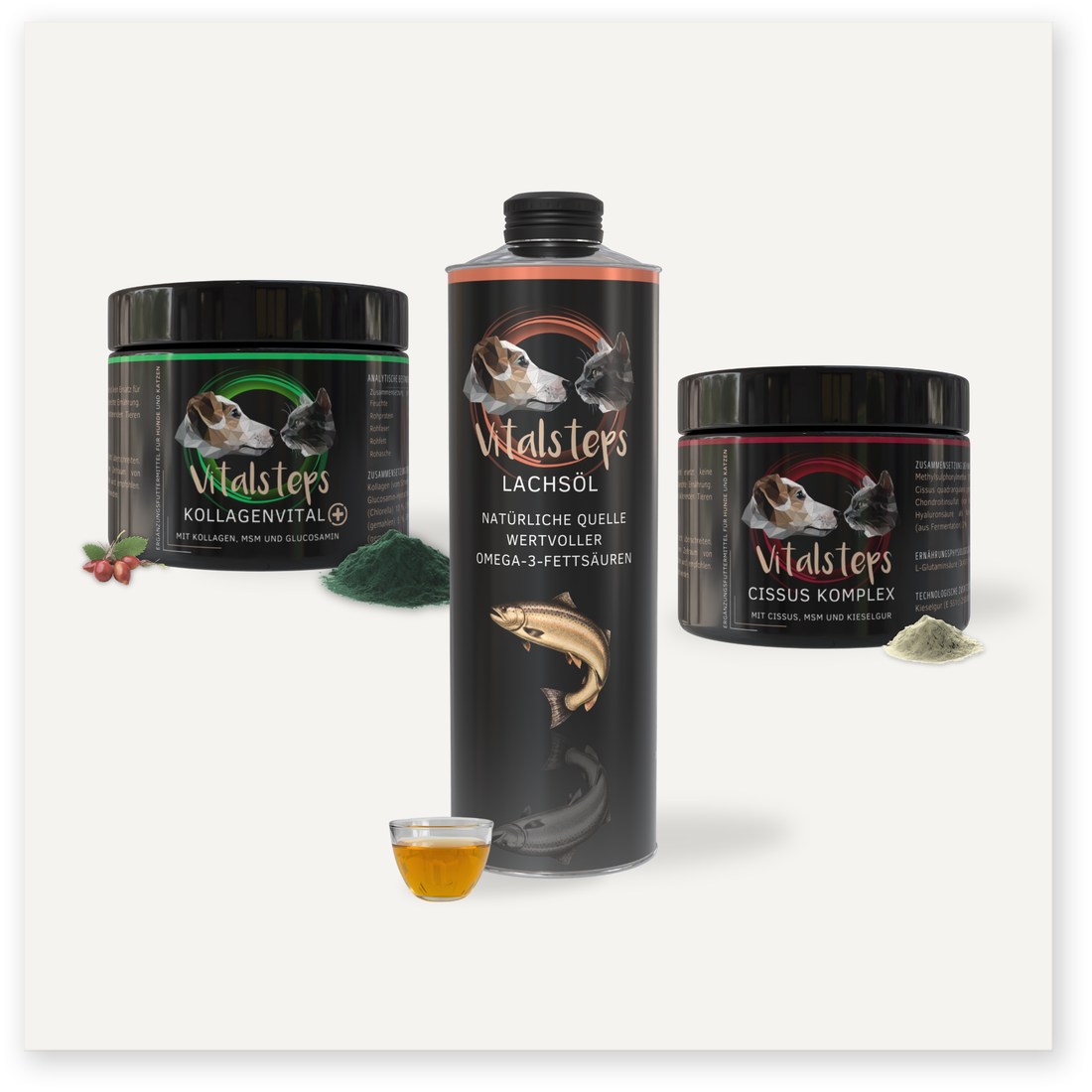 Vitalsteps Produktkombination Stabilität für Hunde und Katzen mit KollagenVital+ 225 Gramm, Lachsöl und Cissus Komplex 225 Gramm als Ergänzungsfuttermittel